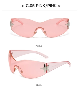 Detail of pink rimless Y2K sunglasses with silver star decor and curved lenses