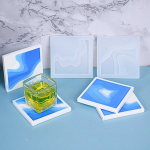 Square resin mold set for ocean wave coasters with blue gradient water pattern