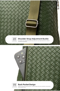 Detail view of woven leather backpack with adjustable strap and anti-theft zipper pocket