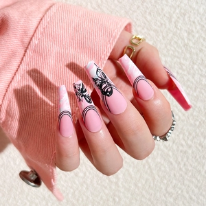 Press On Nails Long Coffin Pink Marble Butterfly Pattern French Style False Nail Tips With Glue For Women Beauty