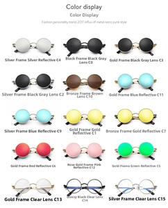 Collection of 15 retro punk round metal sunglasses in various frame and lens colors