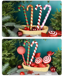 Close-up of sparkling Christmas lollipop and candy cane ornaments in a basket