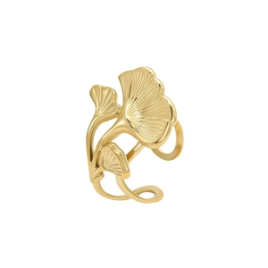 Minimalist 18K gold plated stainless steel ginkgo leaf open ring for women