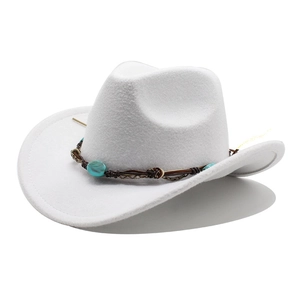 White felt western cowboy hat with ethnic turquoise beaded band on a white background