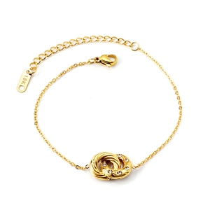 French vintage gold stainless steel bracelet with interlocking zircon circles charms