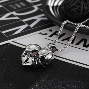 Heart Skull Pendant Necklace Stainless Steel Red Rhinestone Inlaid Gothic Punk Rock Jewelry For Men Women