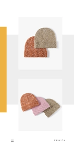 Detailed view of winter knit beanies in orange, pink, and beige with marl texture