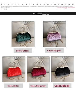 Detail showing five colors of velvet evening bags with metal frame and flower clasp