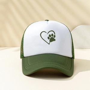 Olive green and white trucker hat with green heart and paw print pattern on mesh cap
