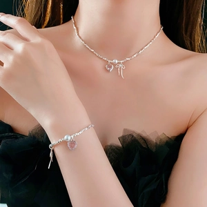 Necklace And Bracelet Alloy Jewelry For Women Pink Heart Zircon Bow Knot Imitation Artificial Pearl Silver Nugget Style Dainty