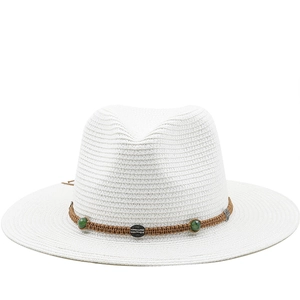 Retro Bohemian Straw Fedora Hat Women Summer Beach Sun Protection Paper Braided Band Green Beads Metal Charms