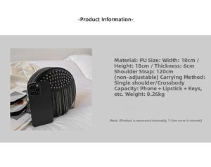 Macro shot of 18cm round black punk bag with metal studs and tassel details