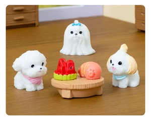 Miniature puppy figurines with tiny table and watermelon for micro landscape decor