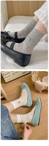 Close-up of mesh cotton socks with embroidered bows paired with Mary Jane flat shoes