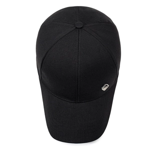 Classic black cotton baseball cap with a metal logo tag and a simple six-panel design