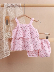 Toddler girl floral cotton muslin set with ruffle strap top and matching bloomers