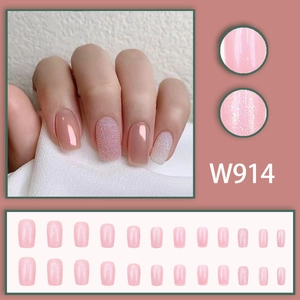 Pink glitter aurora press-on nails set with 24 pieces of soft square-oval nail tips