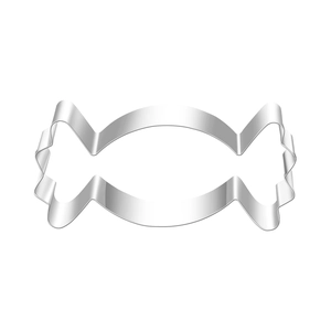 Detailed macro view of candy-shaped stainless steel cookie cutter with mirror polish
