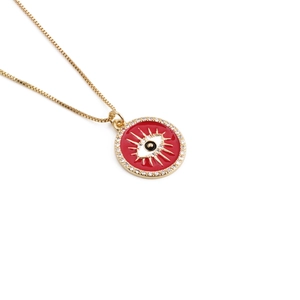 Gold evil eye necklace with red enamel pendant and sparkling crystal stones for women