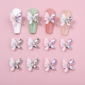 Butterfly Nail Art Charms Resin Wings Rhinestone Artificial Pearl Alloy Decor For DIY Manicure Fairy Style