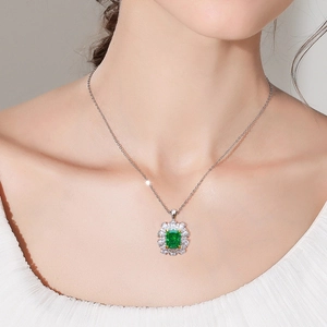 Retro S925 silver necklace featuring a square emerald green gem and white zirconia