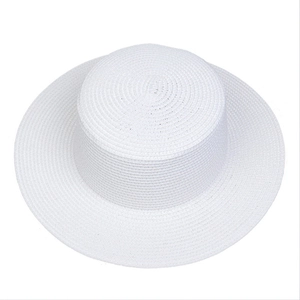Top view of a white wide-brimmed straw sun hat showing high-quality woven texture