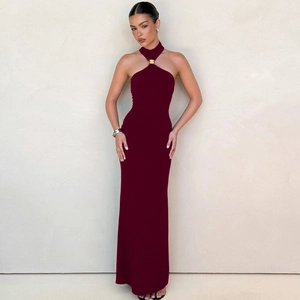 Elegant burgundy halter neck maxi dress with gold buckle and side slit for women