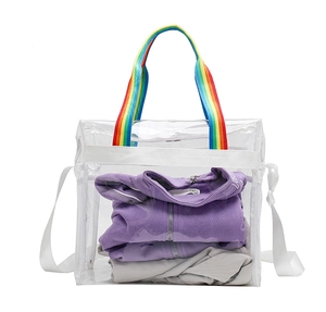 Macro shot of durable transparent PVC beach bag featuring vibrant rainbow carry handles