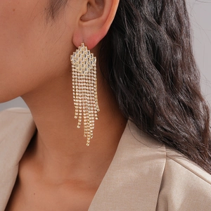 Detail view of long gold tassel earrings with zircon crystals on a model in beige suit