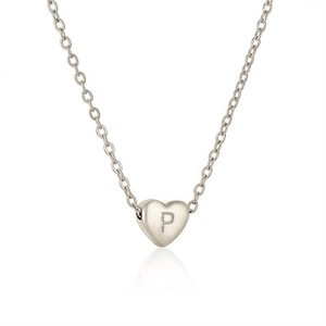 Minimalist silver stainless steel heart necklace featuring an engraved letter P pendant