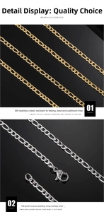 Detail of 304 stainless steel Figaro chain with 18K gold plating and lobster clasp closure