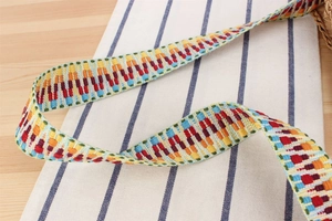 Close-up of colorful ethnic geometric woven strap for women beach bag