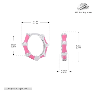 Detail of S925 sterling silver bamboo hoop earrings with pink enamel and dimensions
