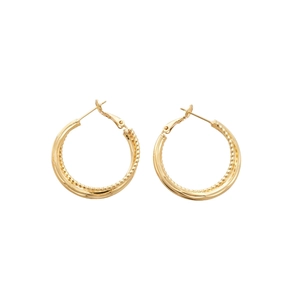 Retro golden interlaced double hoop earrings with a polished metallic finish on white background