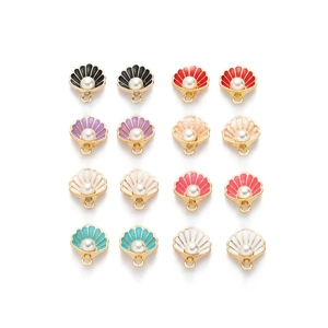 Colorful shell charm pendants with gold metal edges and central pearls for DIY jewelry