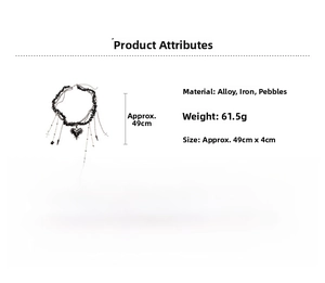 Detail view of gothic heart cross necklace showing material specifications and dimensions