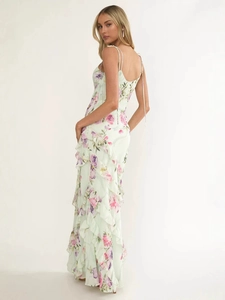 Floral ruffles long dress in light green with pink flowers and delicate thin straps