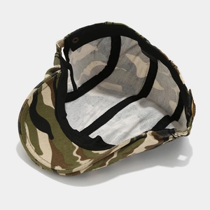 Outdoor camouflage flat cap with 100% cotton material showing internal lining and sweatband