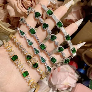 Vintage French Style Copper Gold Plated Green Blue Artificial Gemstone Inlaid Bracelet For Women Rhinestone Jewelry Gift
