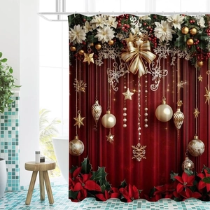 Detail of Christmas shower curtain with red festive baubles and golden snowflake prints