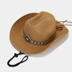 Straw cowboy hat with ethnic band and turquoise stone, outdoor sun protection for men and women