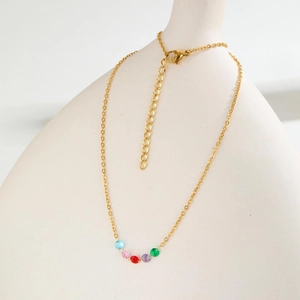 Women's gold stainless steel necklace with five colorful round cubic zirconia pendants