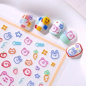 5D embossed nail stickers featuring cute cartoon bears and rabbits with matte finish