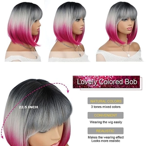 22.5 inch three-tone pink gradient Bob wig with natural looking bangs for women