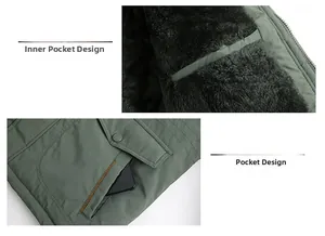 Detail of army green jacket showing warm fleece lining and functional flap pocket