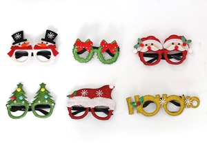 Collection of six glittery Christmas party eyewear frames featuring Santa and snowmen