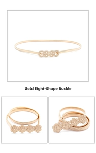 Detail of gold metal elastic waist chain with infinity buckle and floral clasp design