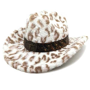 Chapeau de cowboy en peluche léopard style coréen avec bande en cuir et boucle métal