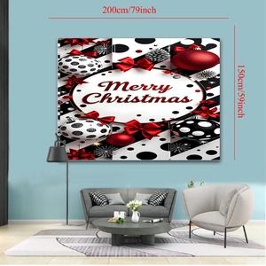 Detail view of large Merry Christmas wall tapestry with festive bow and snowflake patterns