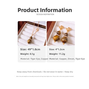 Detailed dimensions for Tiger Eye stone necklace and gourd pendant earrings set